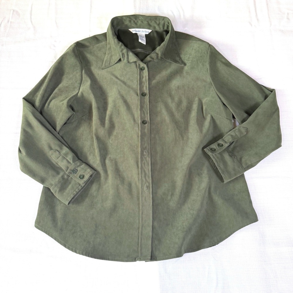 VTG David‎ Hollis Olive Green Faux Suede Button Down Shirt Womens XL Long Sleeve